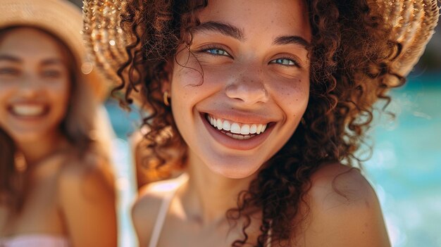 Foto sorrisos ensolarados à beira da piscina