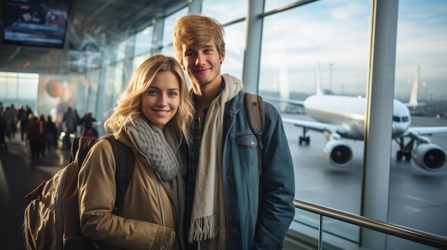 Foto sorrisos felizes jovem mulher e namorado selfie com bolsa de viagem no aeroporto