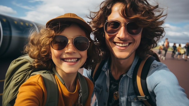 Sorrisos felizes jovem mulher e namorado selfie com bolsa de viagem no aeroporto