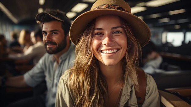 Sorrisos felizes jovem mulher e namorado selfie com bolsa de viagem no aeroporto