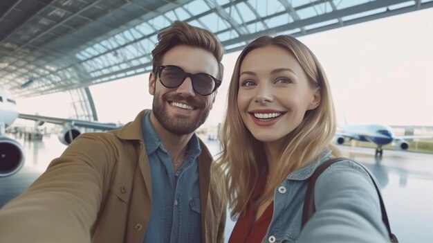 Foto sorrisos felizes jovem mulher e namorado selfie com bolsa de viagem no aeroporto