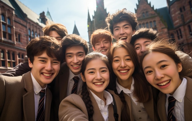 Sorrisos globais capturando alegria em selfies de grupo de jovens alegres e felizes de diversas nacionalidades celebrando unidade amizade harmonia cultural em momentos compartilhados de felicidade e união