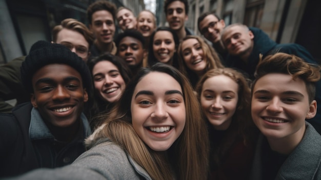 Sorrisos globais capturando alegria em selfies de grupo de jovens alegres e felizes de diversas nacionalidades celebrando unidade amizade harmonia cultural em momentos compartilhados de felicidade e união