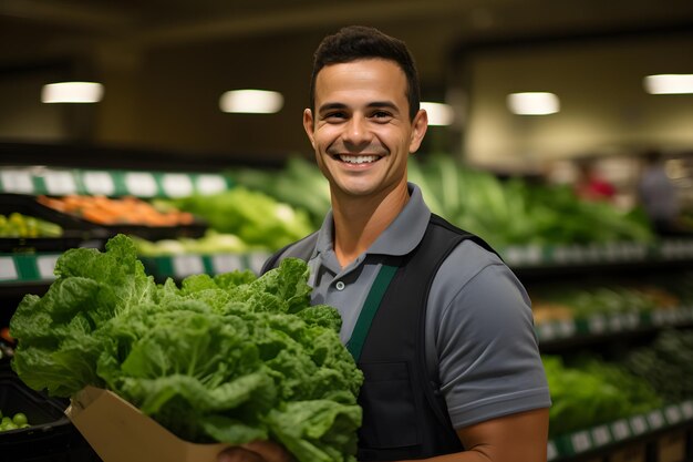 Sorrisos no corredor cinco Feliz funcionário do supermercado ao seu serviço