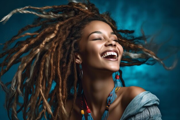 Sorrisos radiantes Mulher jovem com dreadlocks em fundo isolado Expressão alegre e individualidade brilhando através de charme cativante e vibrações positivas Generative Ai