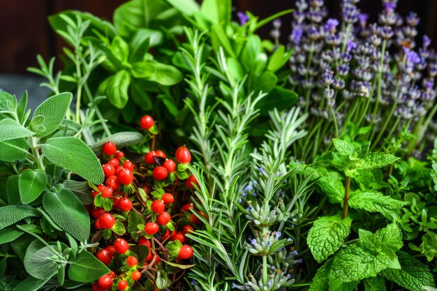 Foto sorte de ervas aromáticas frescas com bagas vermelhas recipiente jardinagem estilo de vida verde saudável