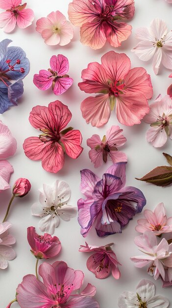 Sorte de flores em vários tons de rosa e branco Flat lay