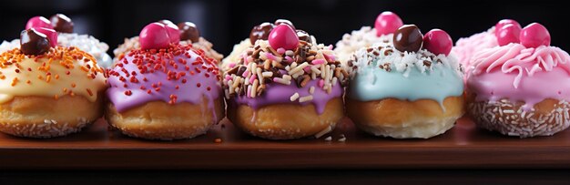 Sortido e colagem de deliciosos donuts glaceados, uma sobremesa popular, foto de vista superior para confeitaria