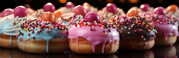 Sortido e colagem de deliciosos donuts glaceados, uma sobremesa popular, foto de vista superior para confeitaria