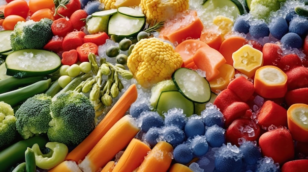 Sortiment an gefrorenem Gemüse auf Eis. Lebensmittelvorräte. Ansicht von oben. Freier Platz für Ihren Text. Generative KI
