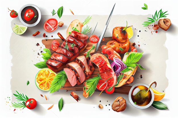 Sortiment diverses Grillgut Grillfleisch Grillparty Fest Generative Ai