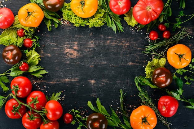 Sortiment farbiger frischer Tomaten auf schwarzem Holzhintergrund Draufsicht Kopierbereich