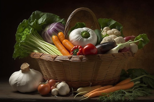 Sortiment von Bio-Gemüse und Obst in Weidenkörben Generative KI