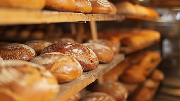 Sortiment von frischem Brot auf hölzernen Bäckereiregalen