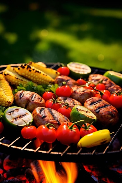 Foto sortiment von frischem gesundem gemüse auf einem grillgrill über einem heißen feuer in einer grünen grasquelle oder