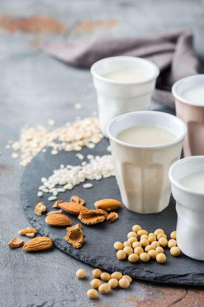 Sortiment von organischer milchfreier veganer Milch