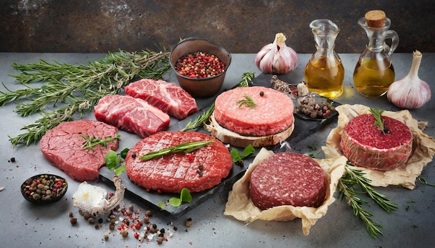 Sortiment von rohen Fleischstücken, trocken gealterten Rindfleischsteaks und Hamburger-Patties