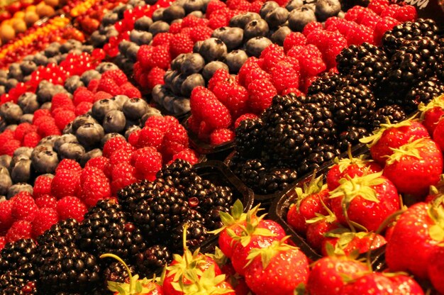 Sortiment von sommerfrischen Bio-Beeren auf dem Markt. Lokale Bauern produzieren. Ernte im Herbst. Horticu