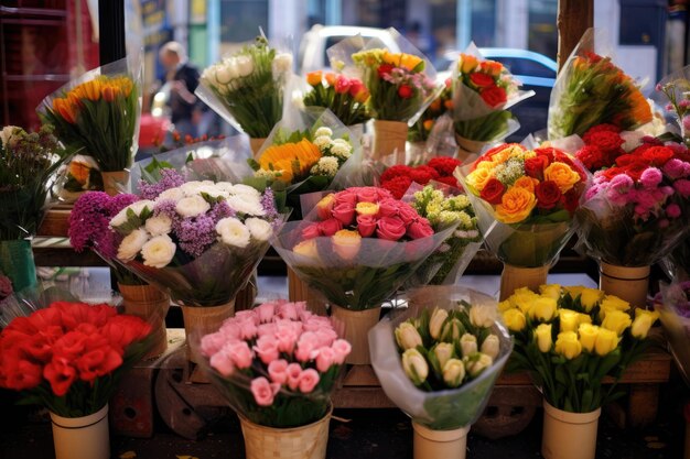 Sortimento de buquês de flores no mercado