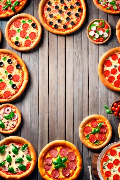 Sortimento de vários tipos de pizza italiana em um fundo de madeira marrom estilo rústico