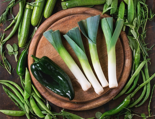 Foto sortimento, de, verde, legumes