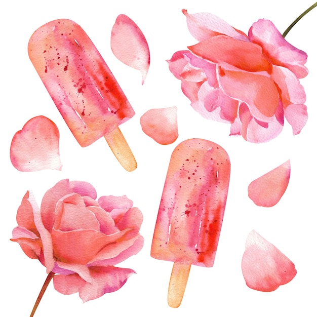 Foto sorvete aquarela e rosas cor de rosa picolés cor de rosa em uma vara e botões de rosa com pétalas em um fundo branco