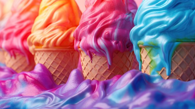 Foto sorvete azul e rosa em cone de waffle em fundo colorido generativo ai