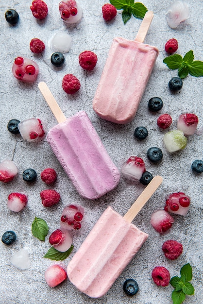 Sorvete caseiro de framboesa e mirtilo e framboesas frescas. Comida de verão.