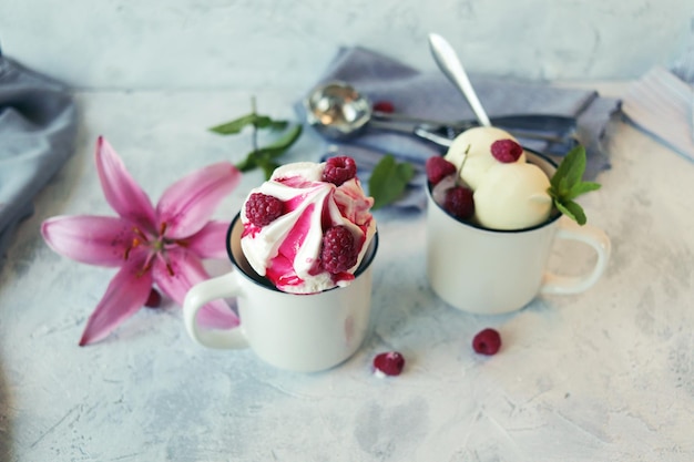 Sorvete caseiro regado com calda de frutas e coberto com framboesas frescas e sorvete de morangos