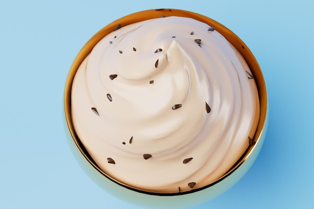 Sorvete com chocolate na tigela de ouro closeup renderização em 3d