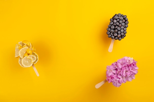 Sorvete criativo feito de flores, mirtilo e limão refrescante conceito de sobremesa brilhante de verão