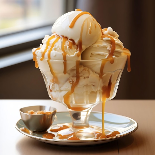 sorvete de baunilha com calda de caramelo e caramelo em uma tigela de vidro