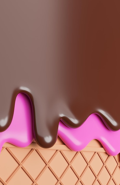 Sorvete de chocolate e morango derretido na bolacha Background., modelo 3d e ilustração.