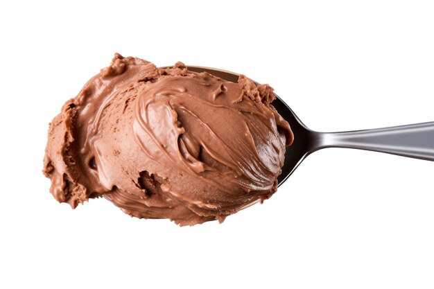 Foto sorvete de chocolate em colher isolado em fundo branco vista superior