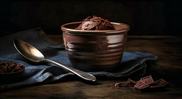 Sorvete de chocolate em uma xícara com colher na borda de uma superfície escura