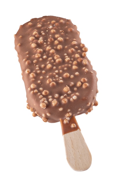 Sorvete de chocolate no palito. Profundidade de campo total. Isolado em um fundo branco.