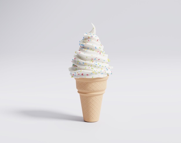 Sorvete de cone macio de baunilha sorvete branco em cone de waffle renderização 3d ilustração 3d