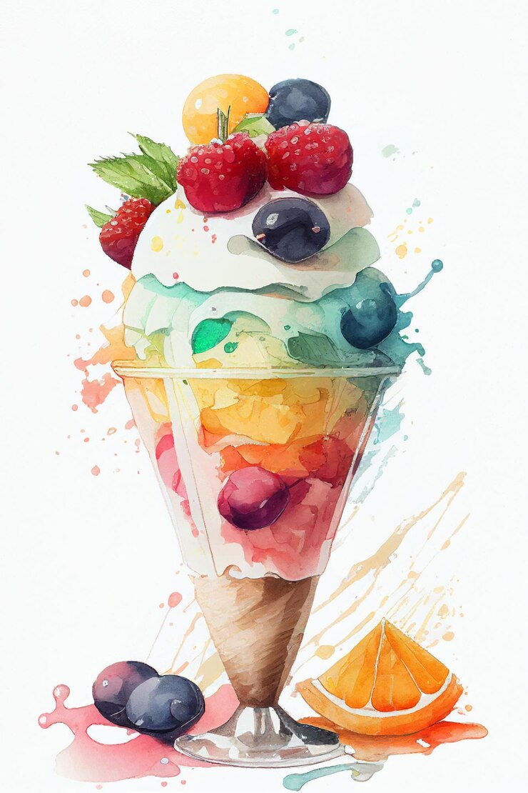 Sorvete de frutas coloridas em vidro sobre fundo branco Ilustração generativa de aquarela AI