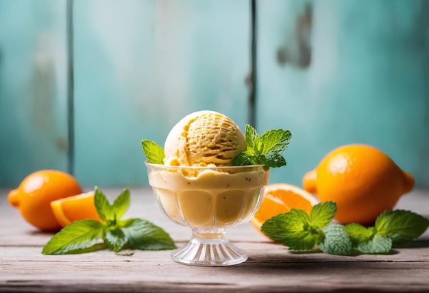 sorvete de laranja na velha mesa de madeira