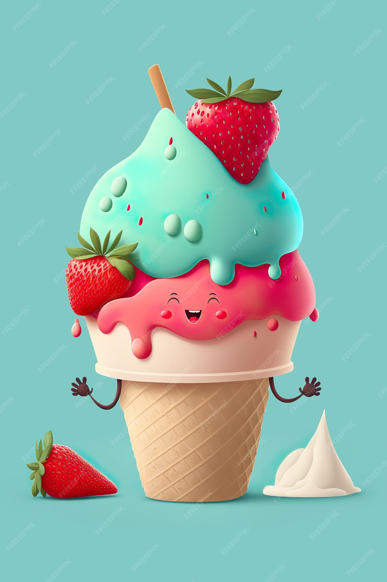 Unicórnio Bonito Dos Desenhos Animados Cones De Gelado Da Morango