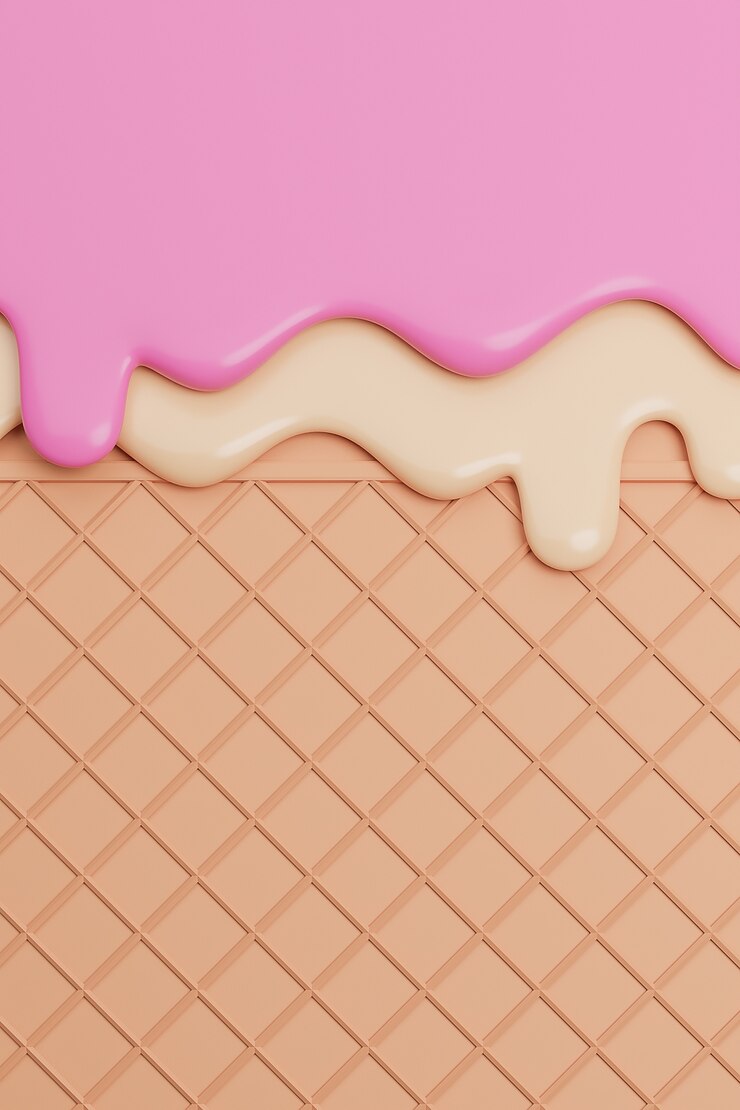 Sorvete de morango e baunilha derretido no fundo da bolacha. Ilustração 3D.