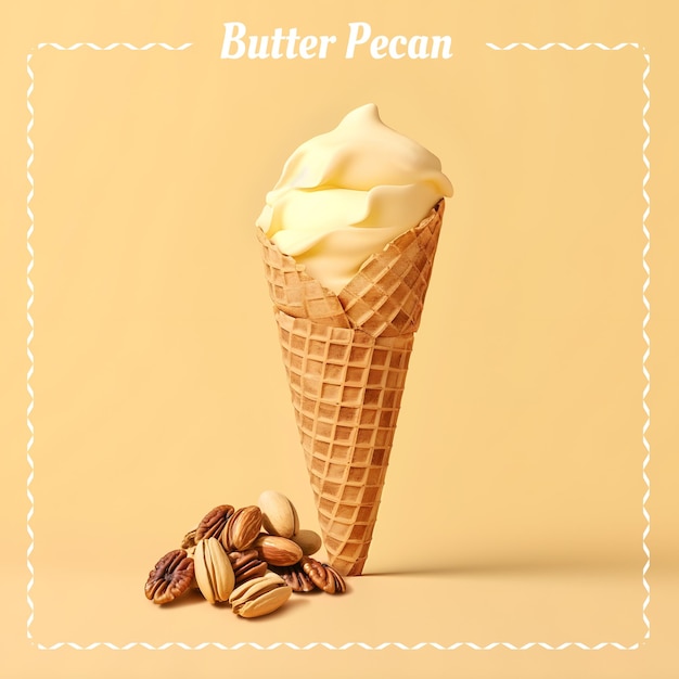 Sorvete de noz-pecã de manteiga Casquinha de sorvete em fundo de cor gradiente Ilustração 3D do Banner