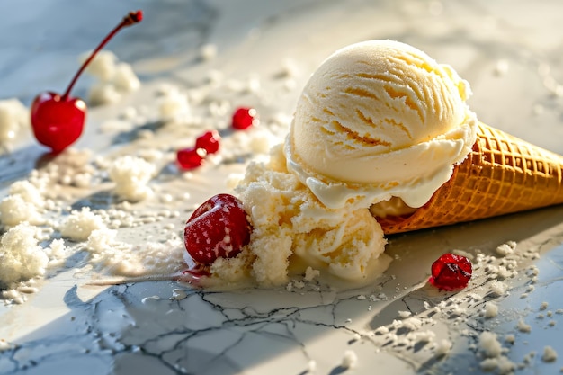 sorvete e um cone com uma colher e uma cereja