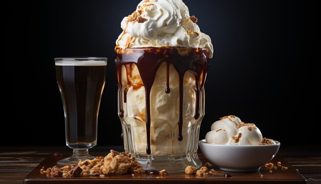 Foto sorvete gourmet de chocolate em mesa de madeira refrescante e indulgente gerado por inteligência artificial