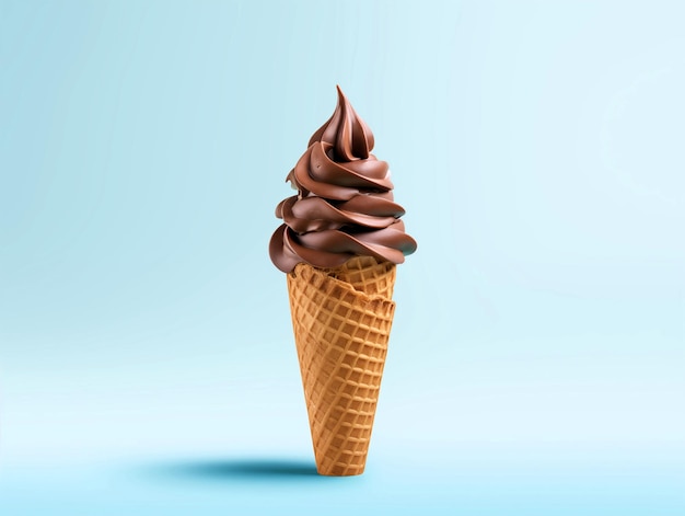 Sorvete macio com redemoinho de chocolate em fundo azul pastel