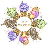Sorvete macio em cones de waffle com glacê e granulado de confeitaria multicolorido ilustração de aquarela moldura redonda de um grande conjunto de sorvetes para o design e decoração de menus de etiquetas de preço