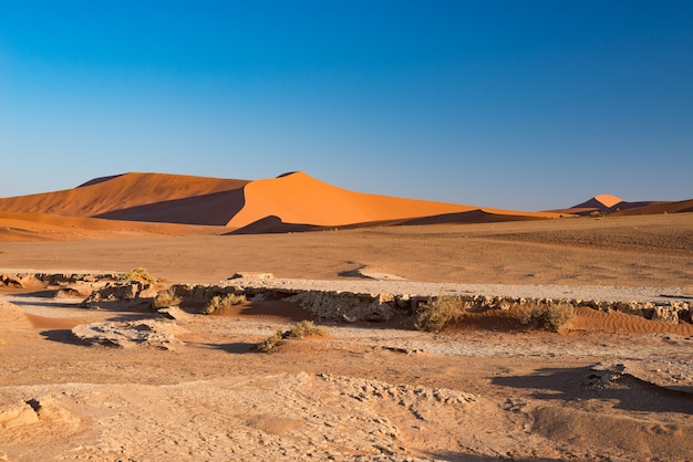 Sossusvlei Namibia, destino de viaje en África. Dunas de arena y sal de arcilla.