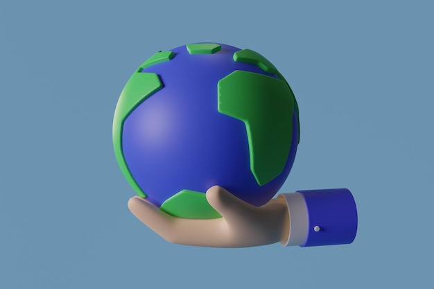 Sostener la tierra Concepto del día de la tierra Modelo de manos de estilo de dibujos animados sosteniendo un planeta tierra sobre fondo azul Ilustración 3d