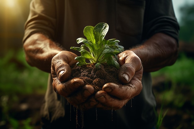 Sostenibilidad del agricultor y manos con el suelo y la planta.