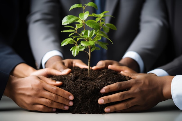 La sostenibilidad de las plantas y la tierra en manos de empresarios para el apoyo al trabajo en equipo o al medio ambiente Colaborando creciendo e invirtiendo en las personas y el suelo para el futuro